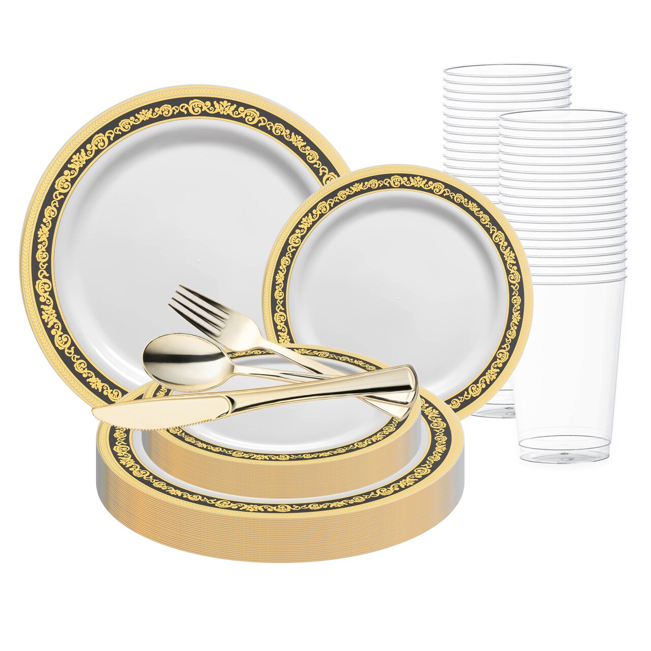 White with Black and Gold Royal Rim Plastic Wedding Value Set (20 Settings)
